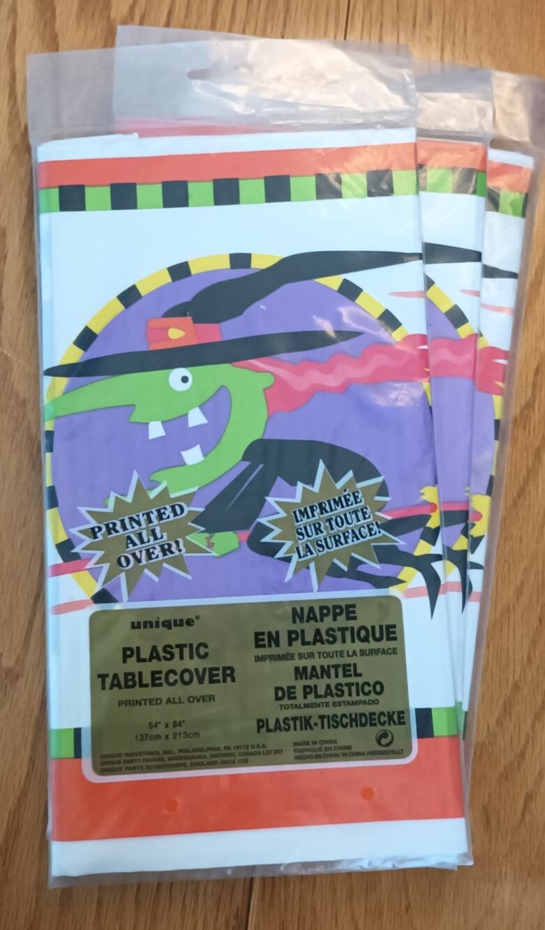 Vintage Halloween Witch Plastic Tablecovers, 54"x84" (Lot of 3, NOS, Sealed)